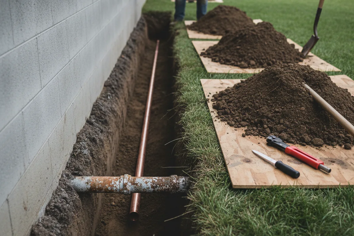 Excavated water line trench during Water Softener Installation in Wadmalaw Island